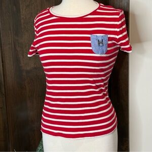 Tommy Hilfiger women’s top striped red white blue t-shirt pocket detail metal